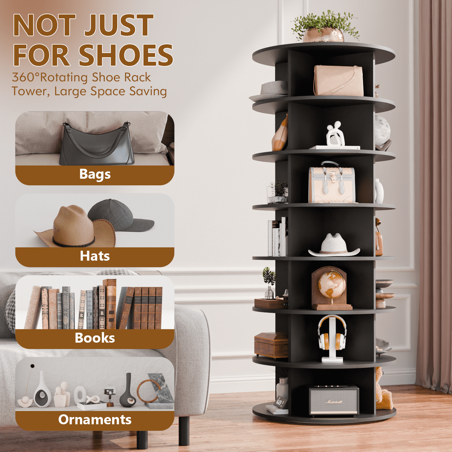 Waleaf 7 Tier Rotating Shoe Rack Tower, 360° Spinning Shoe Display Lazy Susan, Free Standing Shoe Organizer, Black