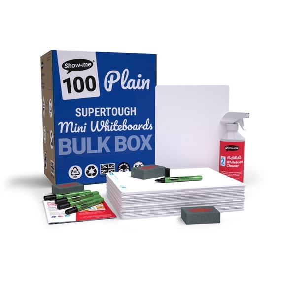 Show-me Bulk Box of 100 x A4 Plain/Plain SUPERTOUGH dry erase boards, pens and erasers plus 1 free cleaner