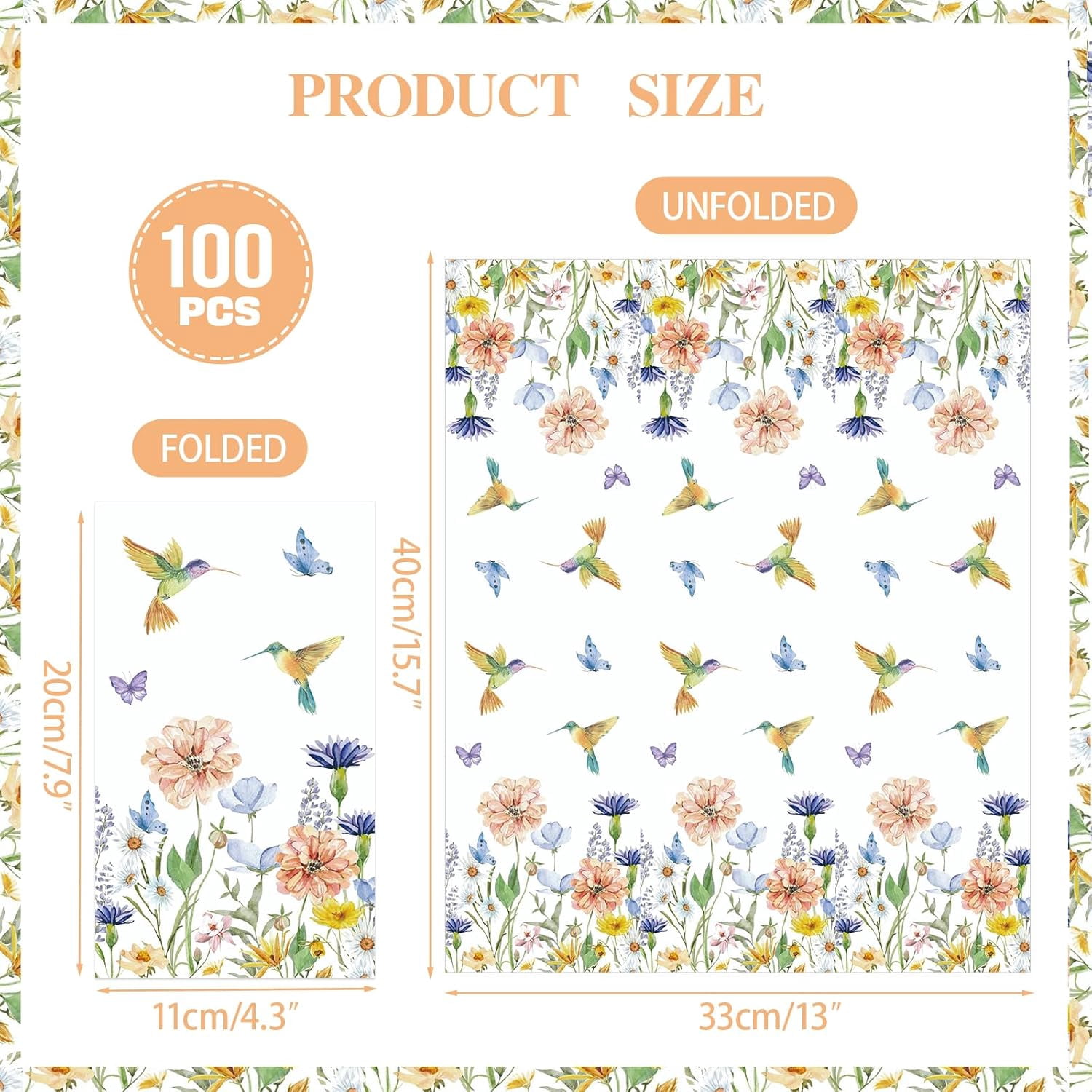 100PCS Floral Paper Napkins 3 Ply Disposable Hand Towels,Wildflower Hummingbird Paper Guest Napkins Dinner Napkins for Wedding Bridal Baby Shower Birthday Tea Party Home Table Decor