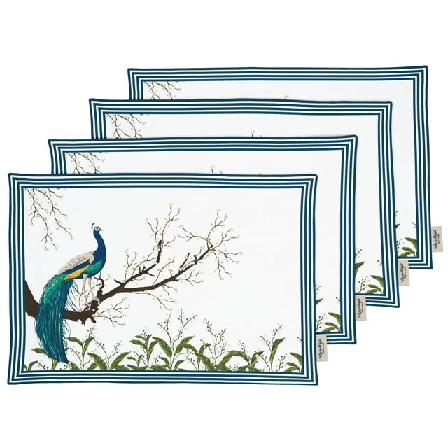 Vargottam Napperons - Ensemble de Table pour Table à Manger, Ensemble de 4 - Imprimé & Réversible Serviette en Coton - Napperons d'Intérieur pour Maison & Cuisine Table à Manger - Paon (Vert Sarcelle)