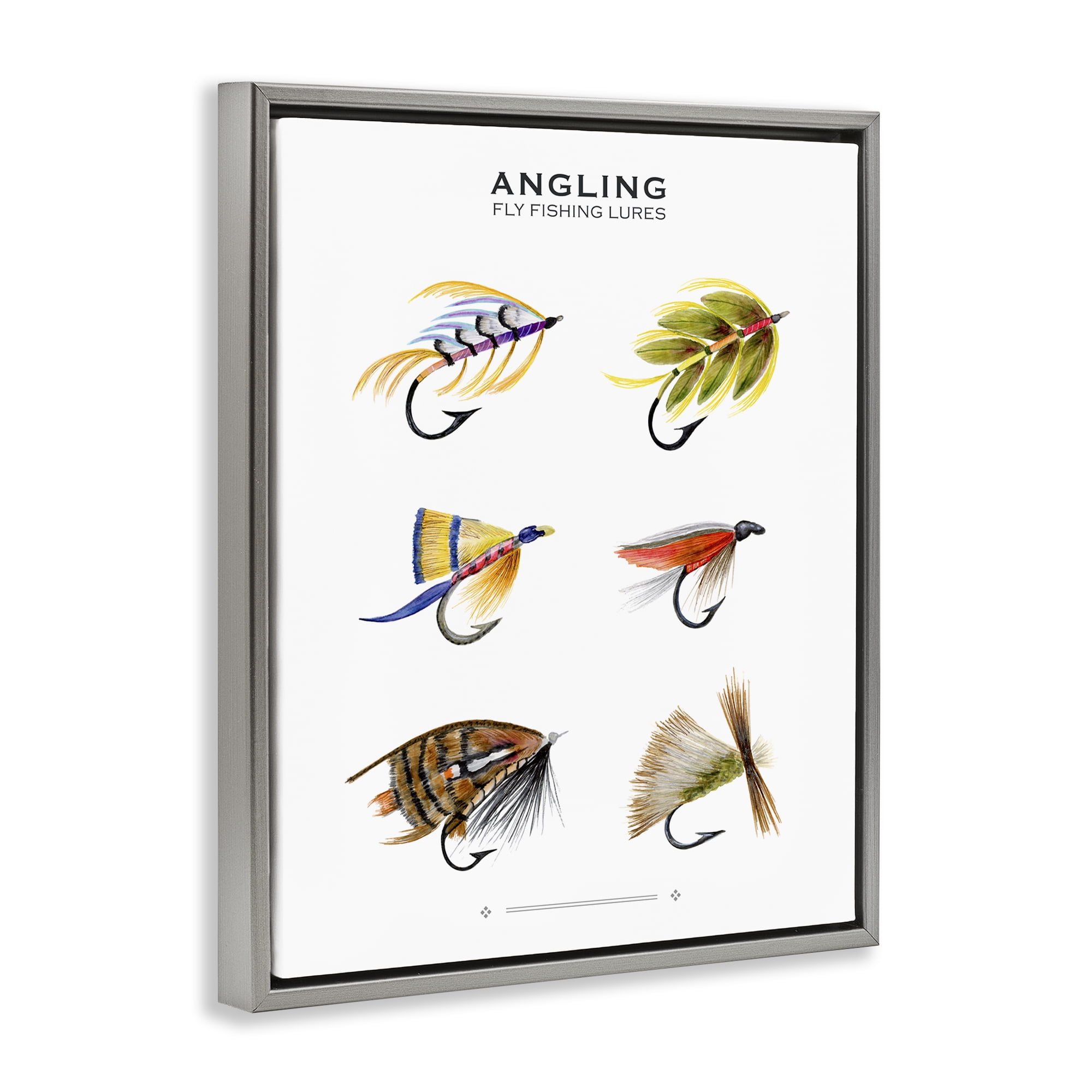 Stupell Industries Angling Fly Fishing Lures Sports Painting Gray Floater Framed Canvas Art Print Wall Art, 25 x 31