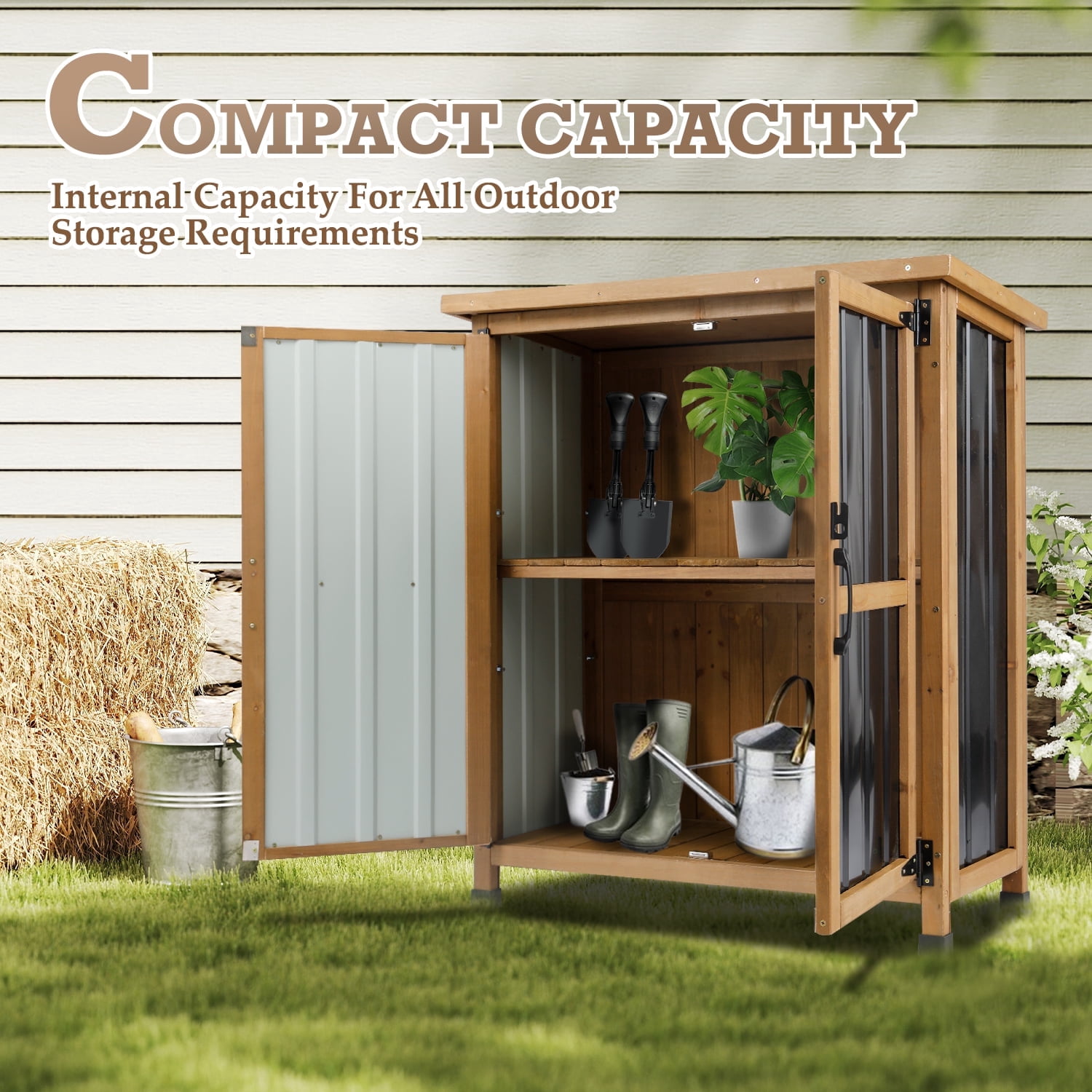Outdoor Storage Cabinet Wood Storage Shed Waterproof Roof, Double Lockable Doors Garden Shed with Removable Shelves for Patio, Garden