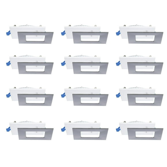 Nadair, 4’’ LED Recessed Ultra Slim Lights, 3000K (warm white), 12-Pack, IC Rated, Dimmable, 12W=80W, 900 Lumens, Quick Connect System, White Finish / Brushed nickel trim included