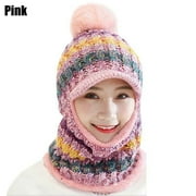 Women Siamese Scarf Collar Windproof Winter Warm Pompoms Hat Knitted Hat Beanies Caps Hat Scarf Set PINK