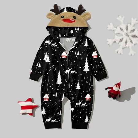 

Babys Merry Christmas Sets Black Prints Hooded Zipper Jumpsuit Family Outfit