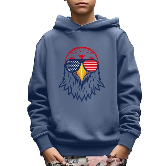Mikrdoo Kid Boys Independence Day Tops Cool Eagle Print American Flag Long Sleeve Sweatshirt Outdoor Hooded From 5T-14Y