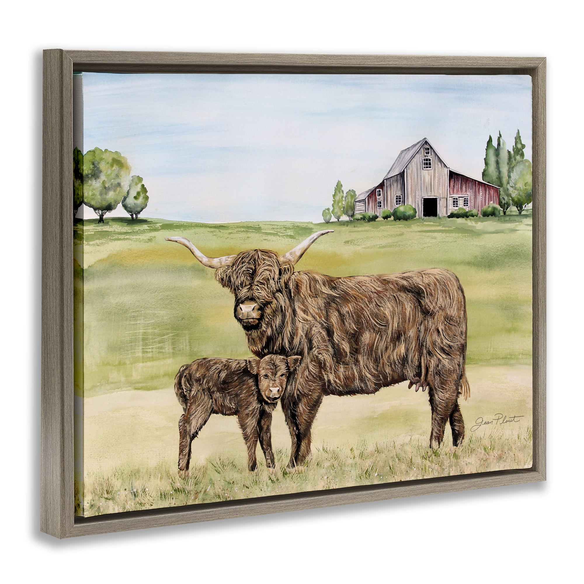 Highland Cow And Calf Brown Framed Floater Canvas Wall Art, design by Jean Plout