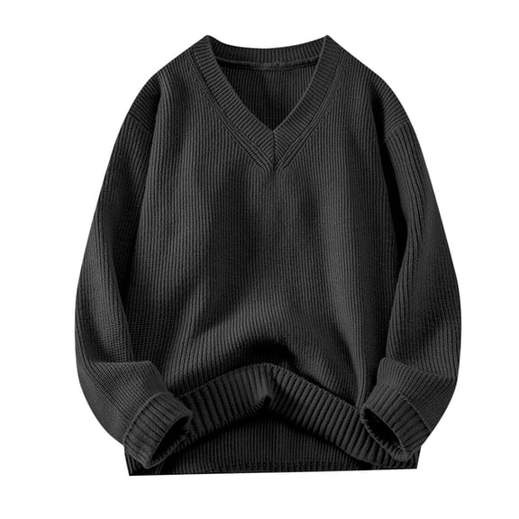 Men's Sweater Long Sleeve V Neck Solid Ribbed Cable Knit Soft Pullover Top Black M