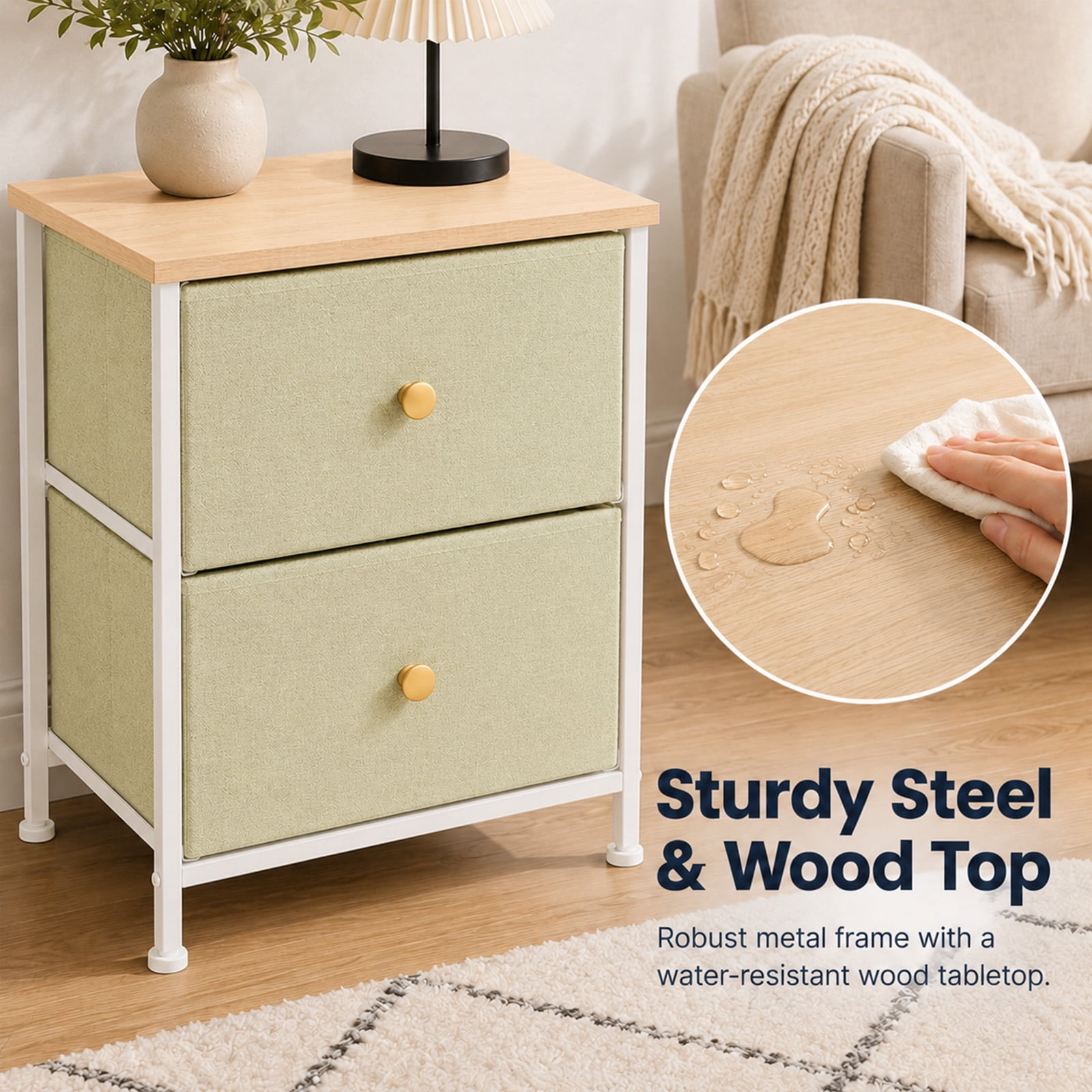 Alvantor Nightstand with 2 Storage Drawers, Small Bedside Table, Small Dresser with Sturdy Wooden Top for Daily Essentials, Compact Nightstand for Bedroom and Small Spaces