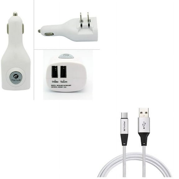 Type-C 6ft USB Cable w 2-Port USB Car Home Charger W2L for Kyocera DuraForce Pro 2 - LG V20, G6, V30, G5, V50 ThinQ 5G, V40 ThinQ, V35 ThinQ, Q7 Plus, Stylo 4 Plus, Google Nexus 5X, G8 ThinQ