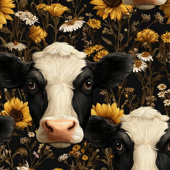 Peel and Stick Wallpaper Black White Cow Faces Sunflowers Wildflowers Floral Wall Mural 23.6in x 9.8ft Self Adhesive Removable Wall Paper Renter Friendly Wallpaper for Nursery Bedroom Cabinets
