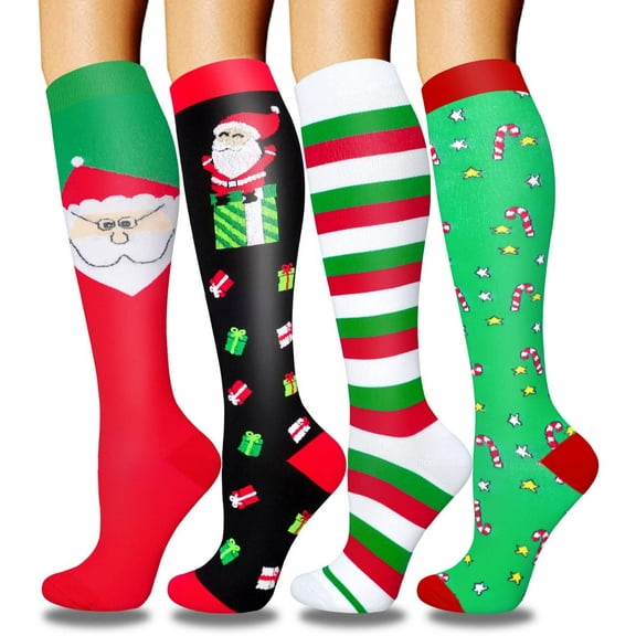 4 Pairs Christmas Medical Sport Compression Socks - 15-20mmhg Graduated Knee-High Support for Men & Women, Ideal for Soccer, Running, and Nurses