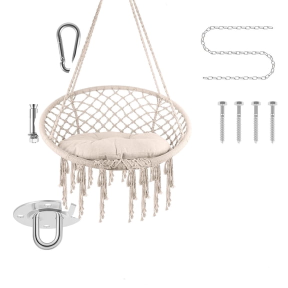 KNOPT Cotton Rope Hammock Chair, Max 400 Lbs Hanging Chair, Pure Cotton Swing Chair, for Indoor Outdoor Bedroom Patio Black Hammock Swing Chair, White