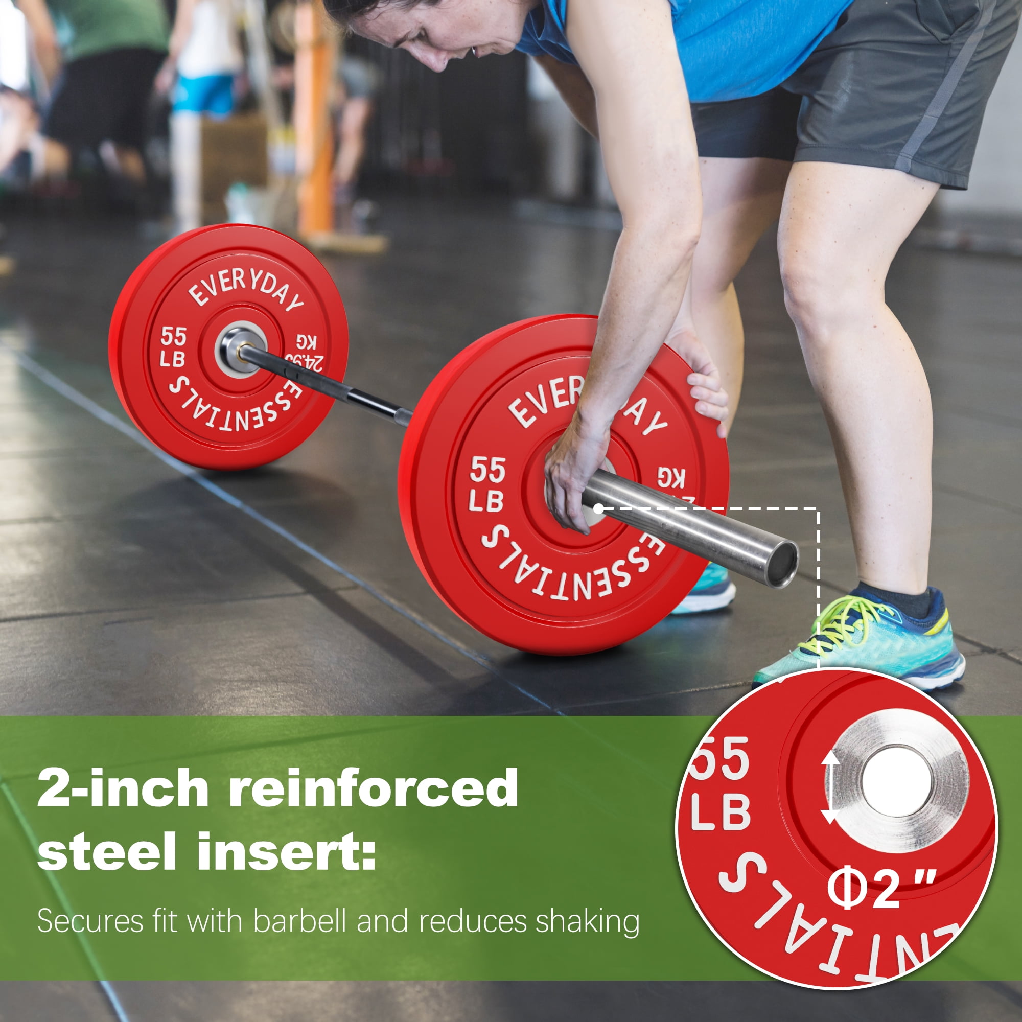 FlexWave Olympic Bumper Plates Pair 55LB, 2-Inch Rubber Barbell Plates with Steel Insert, Color-Coded Weight Plates for Weightlifting, Cross Training & Home Gym