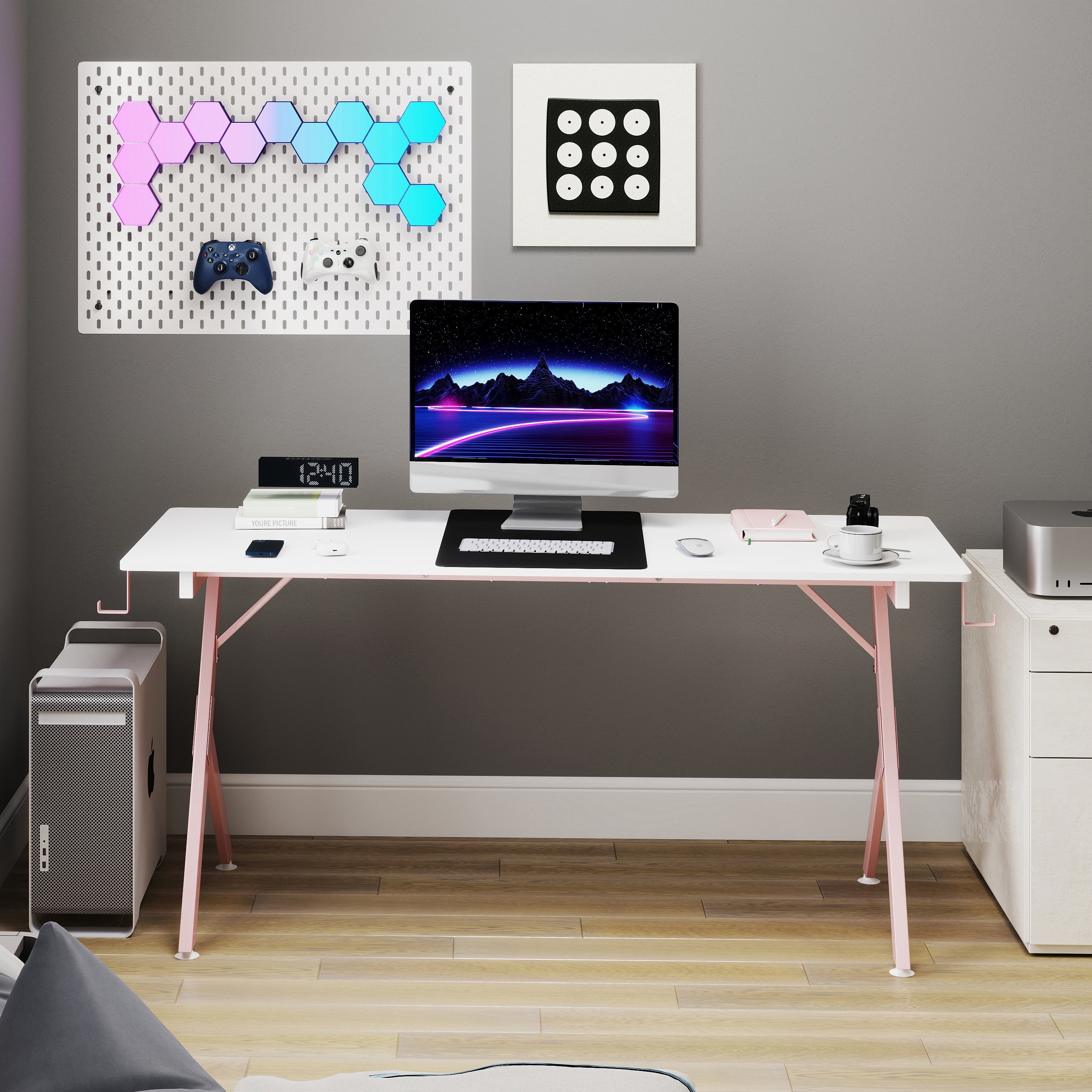 JJS Game Table 63 ", carbon fiber surface computer table, mouse pad, ergonomic e-sports style game table, dual headphone hooks, White pink