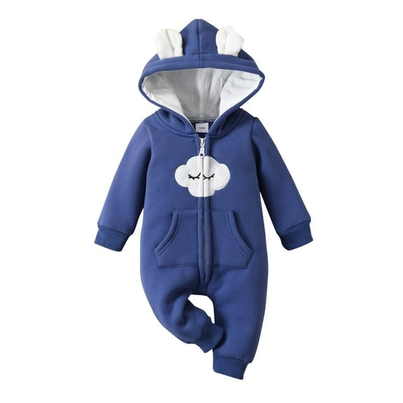 SERTG Kids Infant Bodysuit Hooded Coverall Cloud Print Fall Winter Long Sleeve Cozy Bodysuit for Children 0-18 Months(Dark Blue,6 Months)