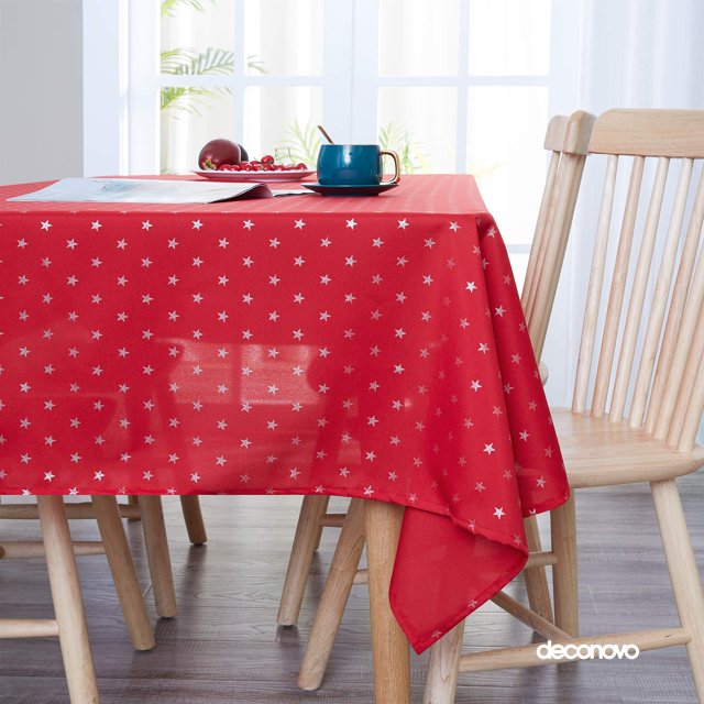 Deconovo Mantel con estampado de estrellas pequeñas, rojo, 137 cm de ancho x 304 cm de largo, Oxford, decorativo para comedor