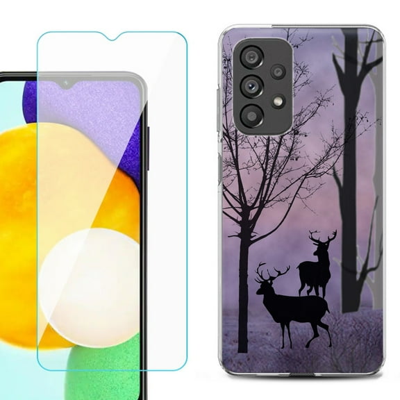 Slim-Fit Gel TPU Phone Case for Samsung Galaxy A23 5G, with Tempered Glass Screen Protector, by OneToughShield ® - Forest/Deer/Twilight
