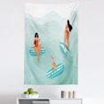 thumbnail image 1 of Summer Tapestry, Summer Time Fun Cartoon Illustration Surfing Girls in Bikini with a Little Dog, Fabric Wall Hanging Decor for Bedroom Living Room Dorm, 5 Sizes, Multicolor, by Ambesonne, 1 of 1