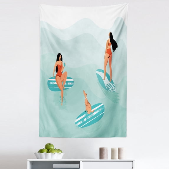 Summer Tapestry, Summer Time Fun Cartoon Illustration Surfing Girls in Bikini with a Little Dog, Fabric Wall Hanging Decor for Bedroom Living Room Dorm, 5 Sizes, Multicolor, by Ambesonne