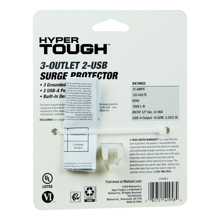 Hyper Tough Indoor 3-Outlet Surge Tap with 2 USB Ports, 15 Amps 