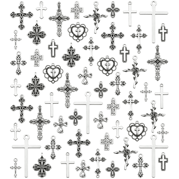 DESIGNICE 60 Pcs Antique Silver Cross Charms, Alloy Crucifix Pendant Connector for Bracelet Earrings Necklace Jewelry Making (15 Styles), Vintage Silver Charms