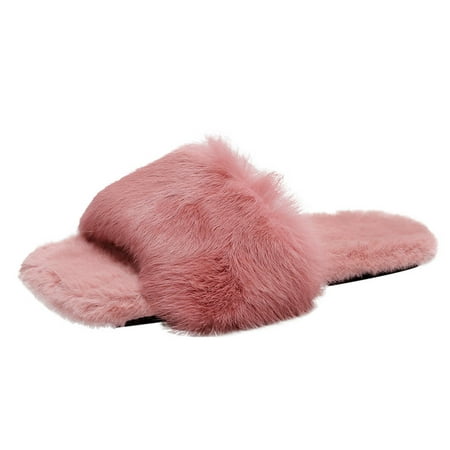 

Youmylove Women Slide Slippers Fashion Square Toe Solid Color Furry Comfortable Casual Flat Slippers Stylish Female Cozy Daily Walking