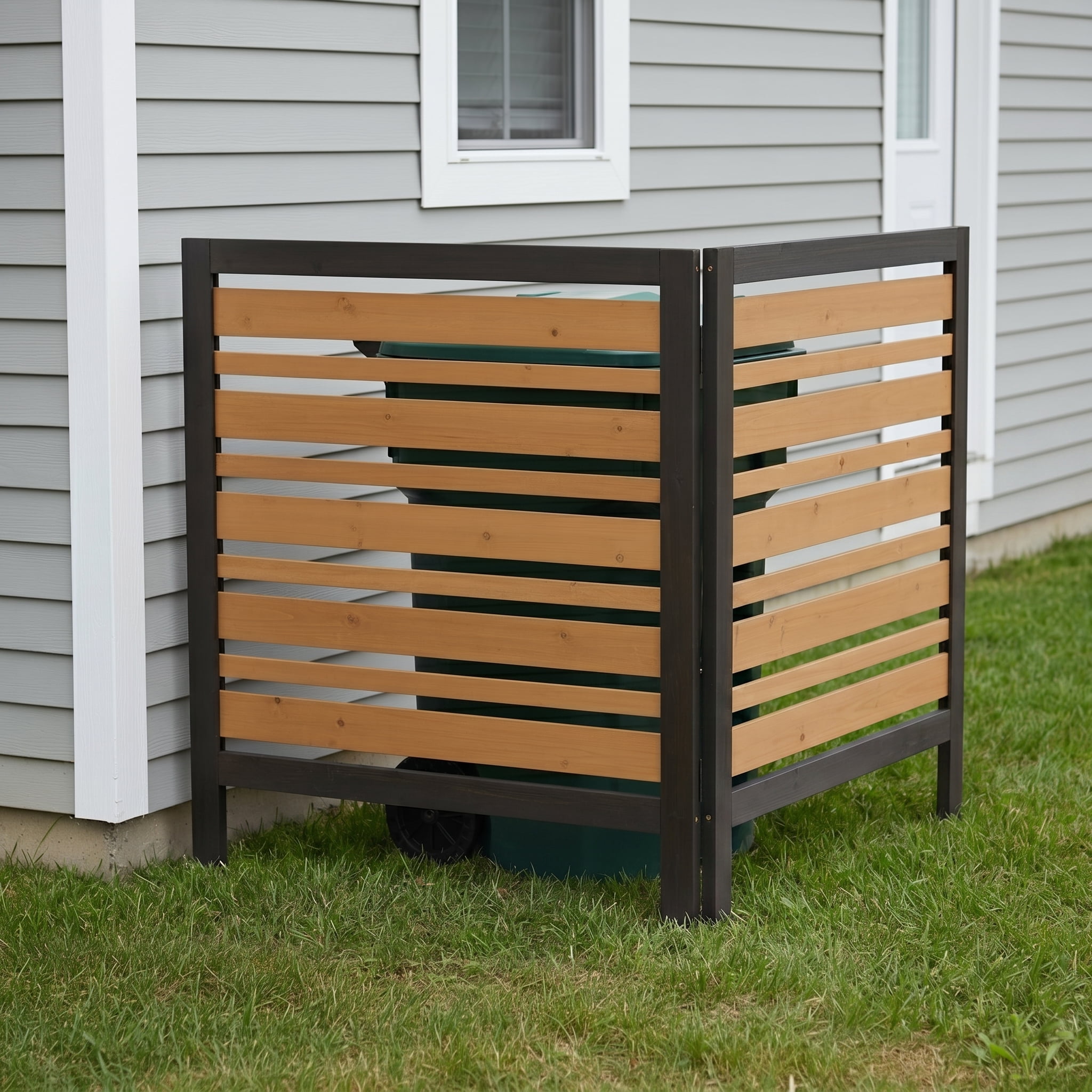 Outdoor Wood Privacy Fence 2-Panel 38W x 42H, Solid Wood Air Conditioner Screen with Slat Spacing for AC Unit Trash Can Pool Pump Enclosure, Black and Gold