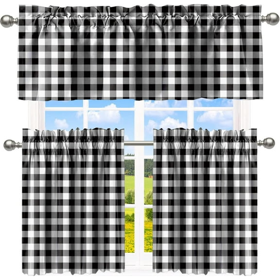 Buffalo Check Tiers and Valances Set Black and White Farmhouse Kitchen Window Curtain Rod Pocket Window Treatment Decor Curtain