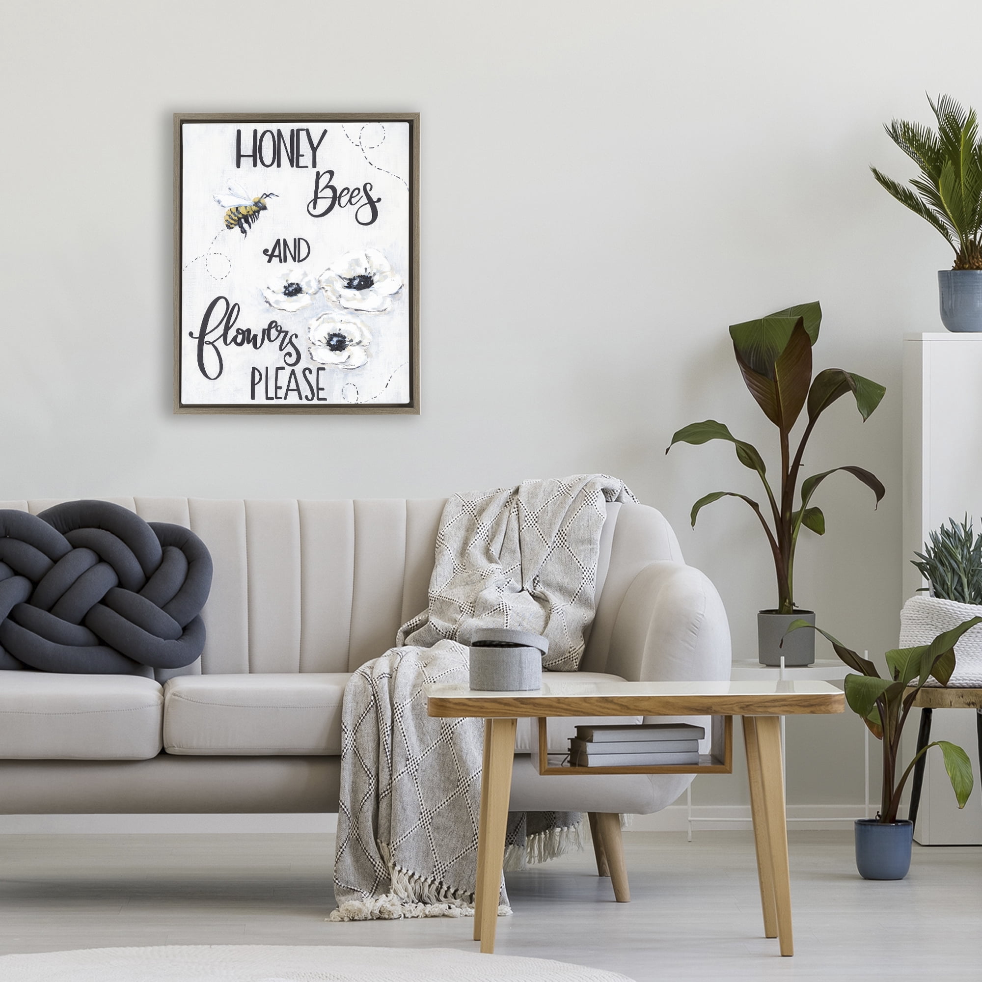 Stupell Industries Garden Bees & Flowers Please Brown Framed Floater Canvas Wall Art, design by Sara Baker