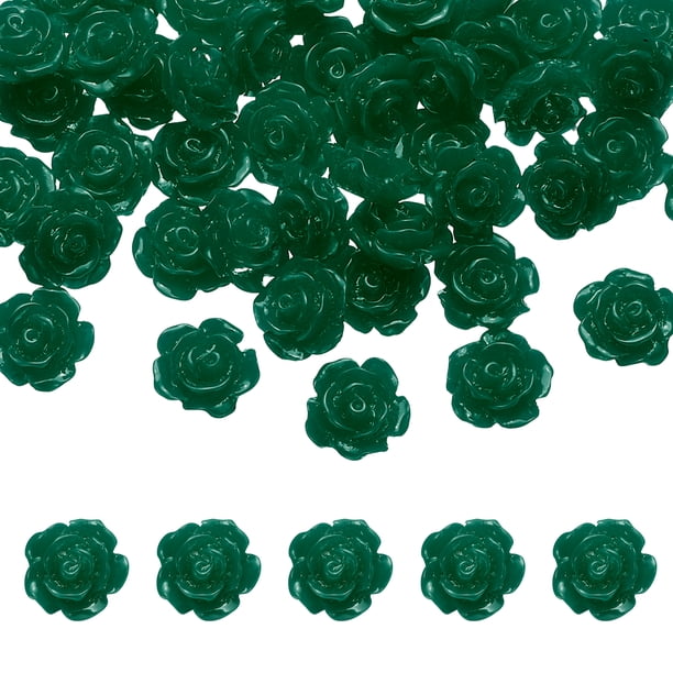 50 Piezas de Cuentas de Flores de Rosa de Resina Verde Oscuro, Cuentas de Rosa Talladas Opacas de 10 mm sin Agujero