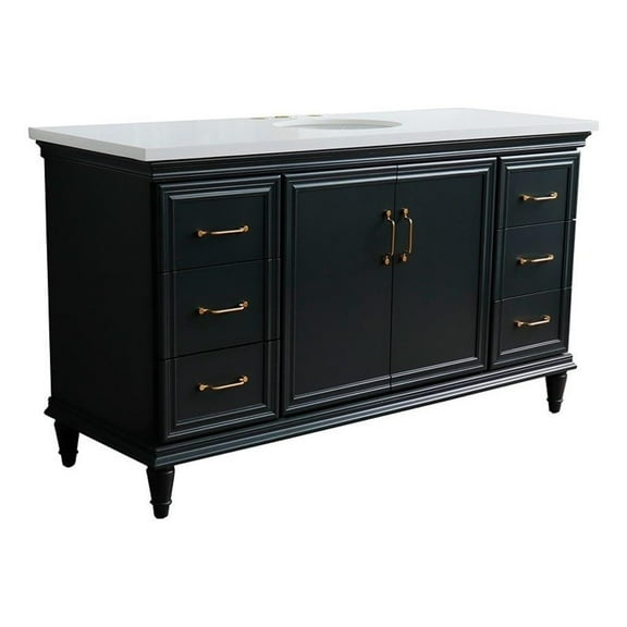 61 in. Single Wooden Vanity  Dark Gray White Quartz Oval Sink