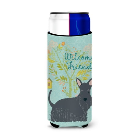 

Carolines Treasures BB7616MUK Welcome Friends Scottish Terrier Michelob Ultra Hugger for slim cans Slim Can