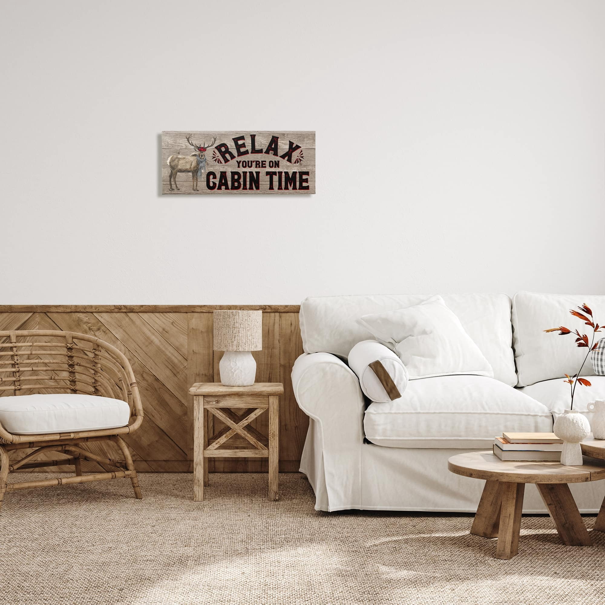 Stupell Industries Cabin Time Phrase with Deer Animals & Insects Painting Gallery Wrapped Canvas Art Print Wall Art, 24 x 10