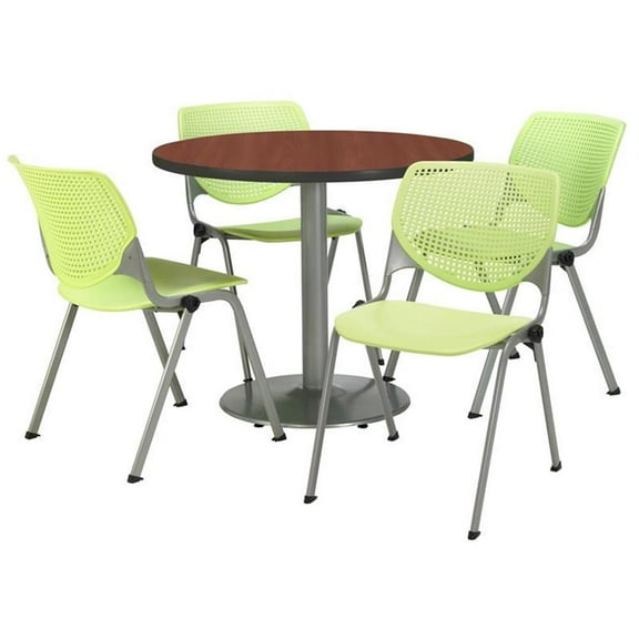 KFI Studios Mode Round 3.5' Dining Table Set, Lime Green, 4 Mahogany KOOL Chairs