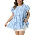 thumbnail image 1 of Blusa de mujer plus size de los años 50 con estampado de cuadros, cuello redondo, mangas cortas acampanadas, blusas de verano estilo babydoll 3X azul, 1 of 6