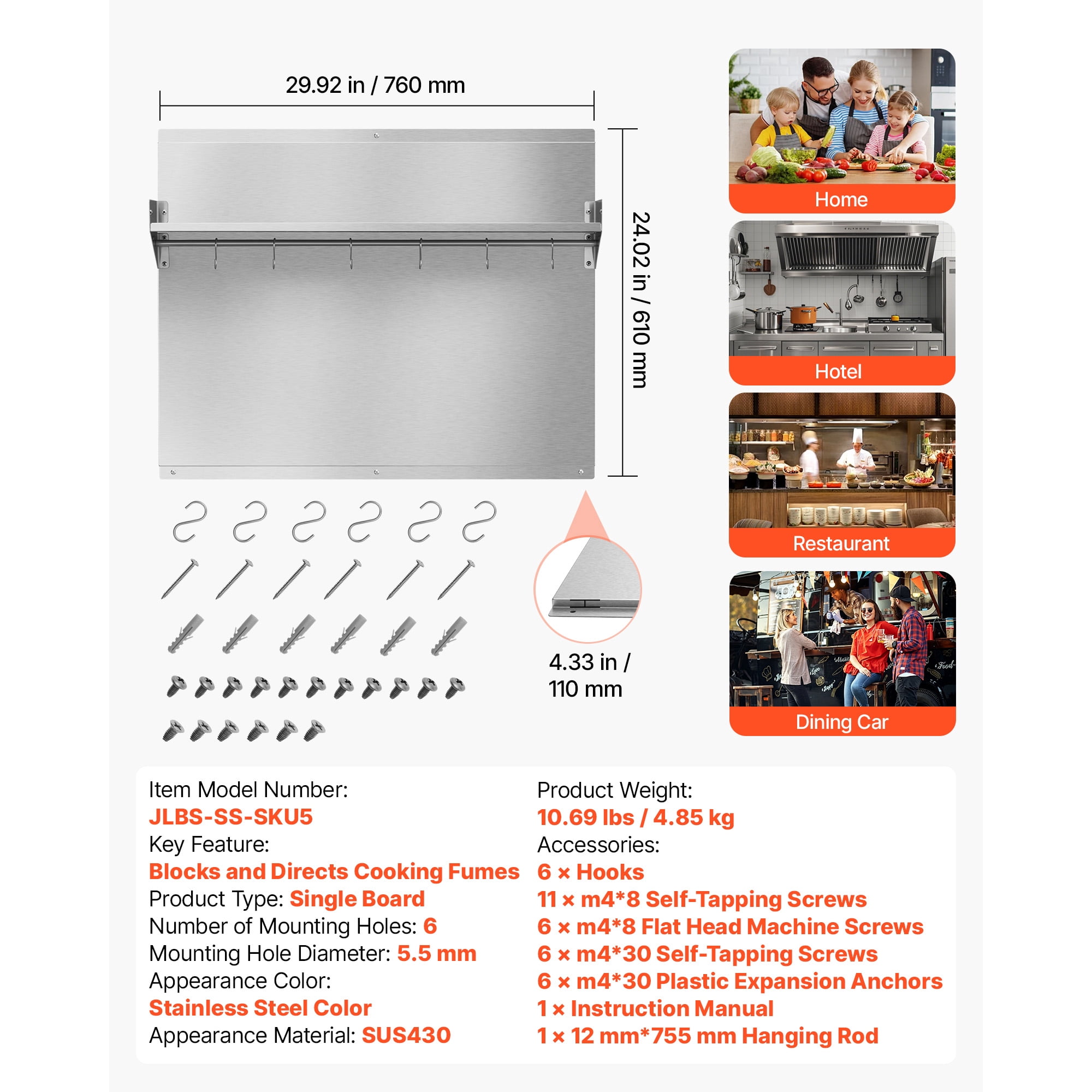 KFFKFF 30" x 24" Stainless Steel Stove Backsplash, Flat Splatter Guard with Shelf & Hanging Rack, Wall Protector Panel, Easy to Clean, Pre-Drilled Holes for Quick Installation
