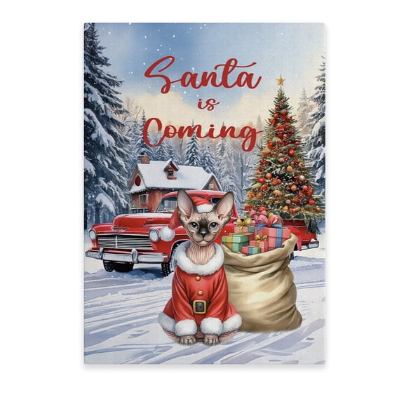 Santa is Coming Sphynx Merry Christmas Xmas Noel Truck Tree Vertical Matte Canvas Poster Cat Lover Kitten Owner Gifts Idea Wall Art Home Decor - 02023