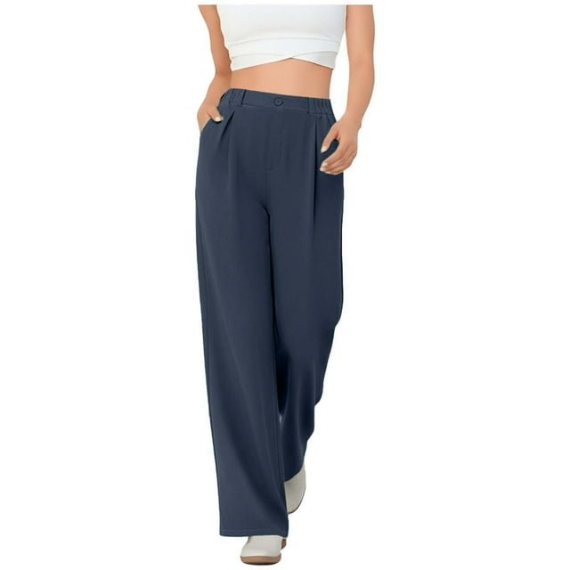 Amzcrzy Pantalones Vestir Mujer Color Liso S-2XL - Cintura Alta Elástica, Pliegues Frontales, Sin Cremallera, Bolsillos, Para Trabajo Azul