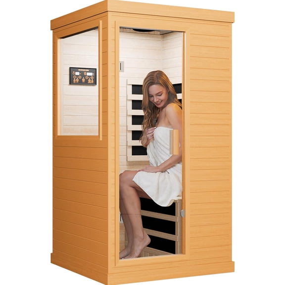 Far Infrared Sauna Home Sauna,Canadian Hemlock 1200W Indoor Saunas Low EMF 110V with 7 Color Light and Tempered Glass Door 35.2 * 27.6 * 61.6Inch