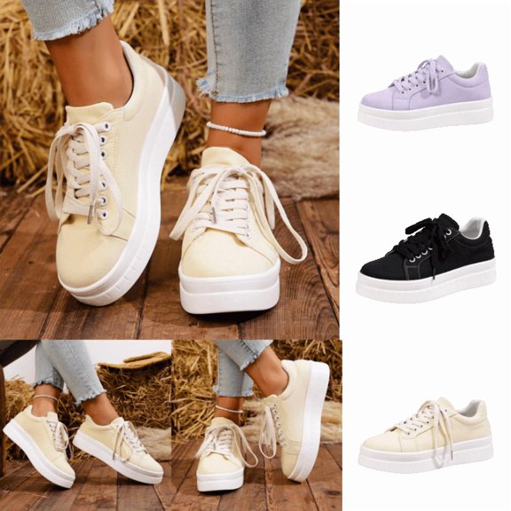 LTTVQM Tennis Sneakers for Women Lace-Up Chunky Platform Dressy Non-Slip Fashion Sneakers Casual Outdoor Breathable Athletic Walking Shoes Beige 36(US-5.5)
