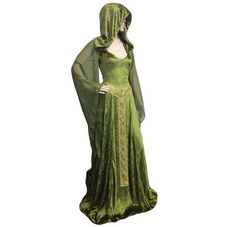 Fashion Women Halloween Medieval Maiden Cosplay Dress Lace-up Vintage Hooded Cloak Robe Costume Retro Cosplay Long Dress (Green - S)