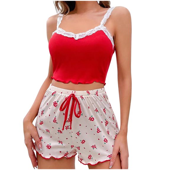 Sdeycui Women's Cami Pajama Set Cute Print Sleeveless Tank Top Shorts Set Lace Trim Soft Sleepwear