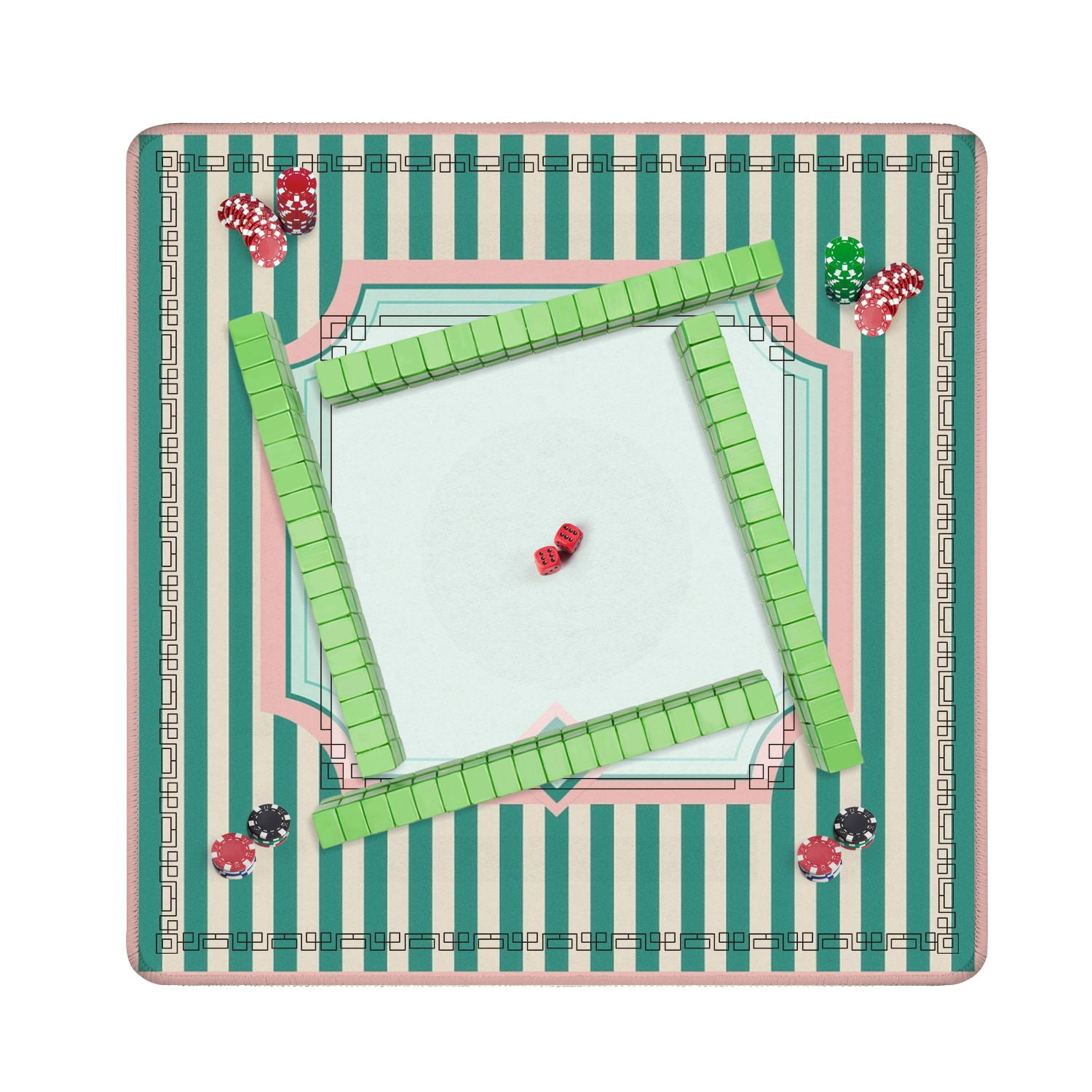 Mahjong Mat 31.5" x 31.5" Soft Pink Green Stripes Geometric Border Anti-Slip and Noise Reduction Symmetry Design Mahjong Tiles Table Cover for Dominoes Poker Card Board and Tile Games