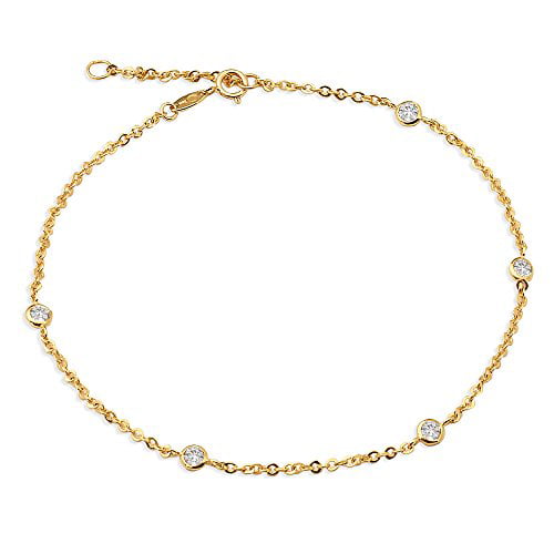 LoveBling 10K Yellow Gold .50mm Diamond Cut Rolo Chain with a Virgin Mary  Charm & Beads Anklet Adjustable 9