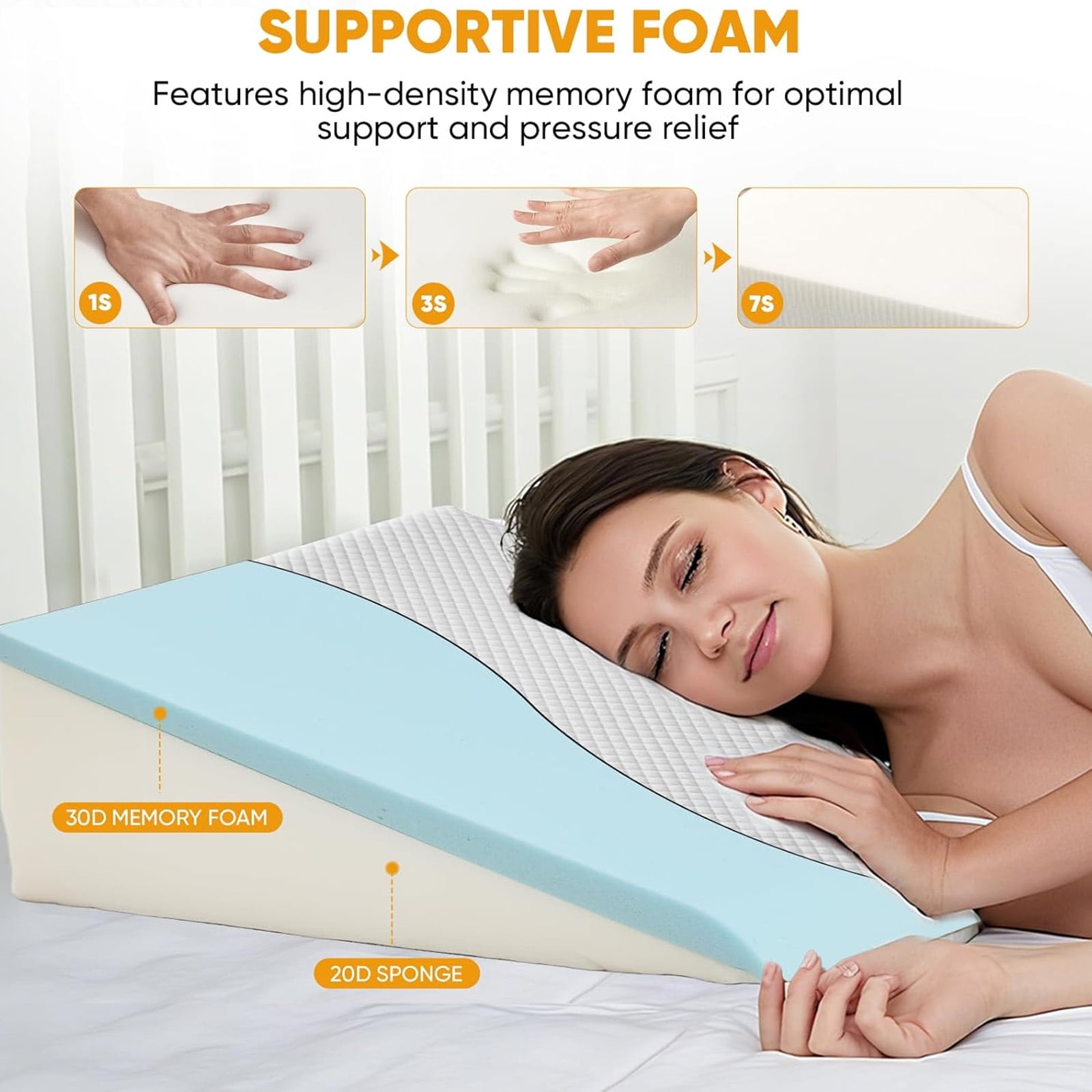 Nextay Wedge Pillow, 7.5 Inch Soft Breathable Foam Pillow for Relieving Neck & Back Pain, Improving Circulation and Relieving Acid Reflux, White & Grey