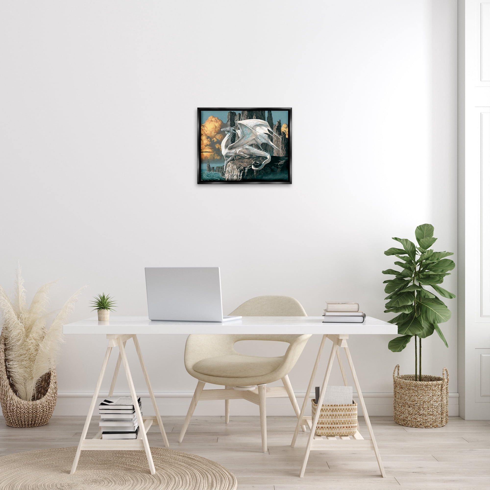 Stupell Industries Dragon Perched on Cliff Fairy Tales & Fantasy Painting Black Floater Framed Canvas Art Print Wall Art, 21 x 17