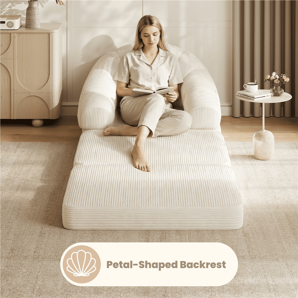 Renwick Convertible Sofa Bed 2-in-1 Folding Sleep Chair Bed Corduroy Couch with Armrests for Living Room and Bedroom, Beige
