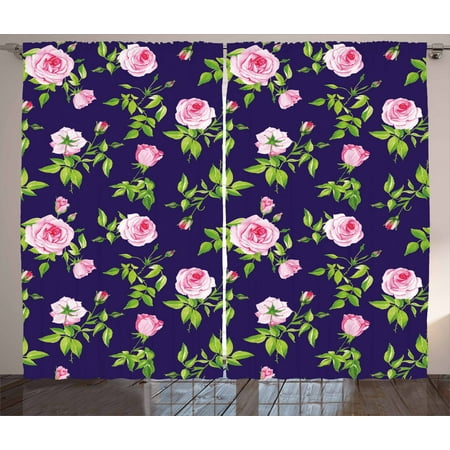 Navy And Blush Curtains 2 Panels Set Vintage Roses And Buds