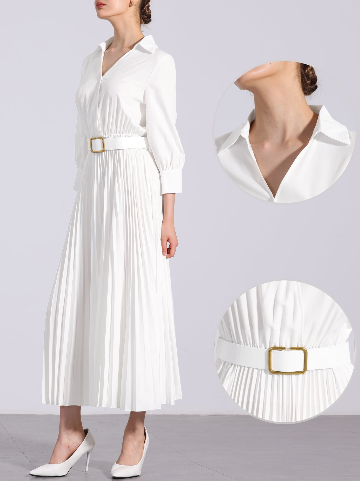 DARING DIVA 3/4 Sleeves Collar V Neck Dress XS White